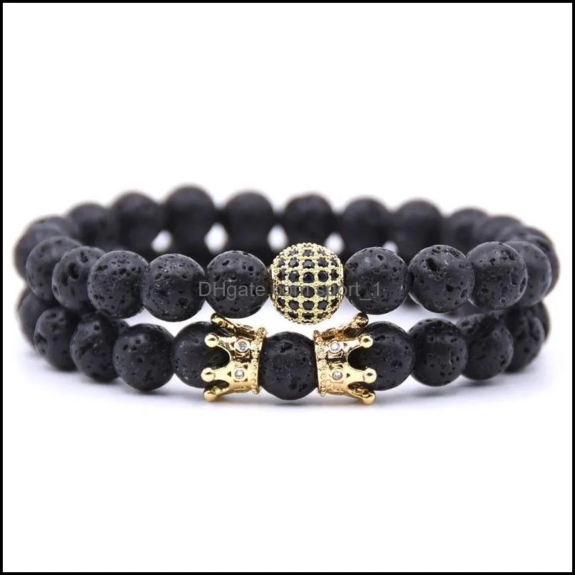 10pc/set natural 8mm crown volcano stone cz round volcano stone bracelet sets gifts for men women handmade yoga jewelry