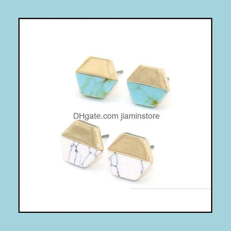 fashion natural turquoise stone stud earrings green white hexagon earring for women jewelry gift high quality