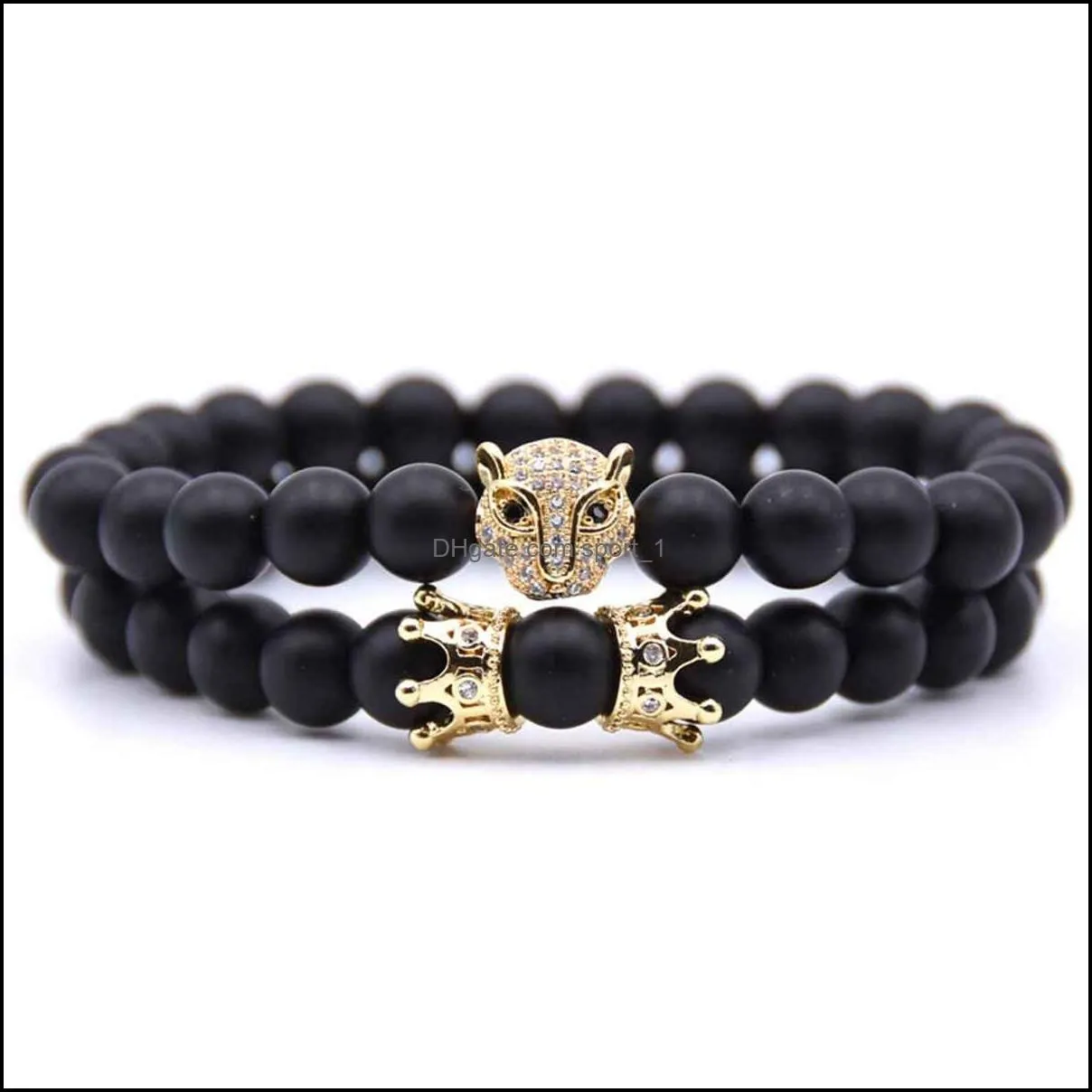 10pc/set wholesale fox crown bracelet sets black matte mala stone for men women handmade custom jewelry