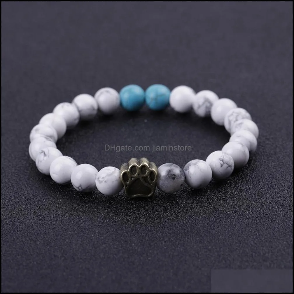 dog paw 8mm stone beads charms bracelet women men bangle beaded hand strings