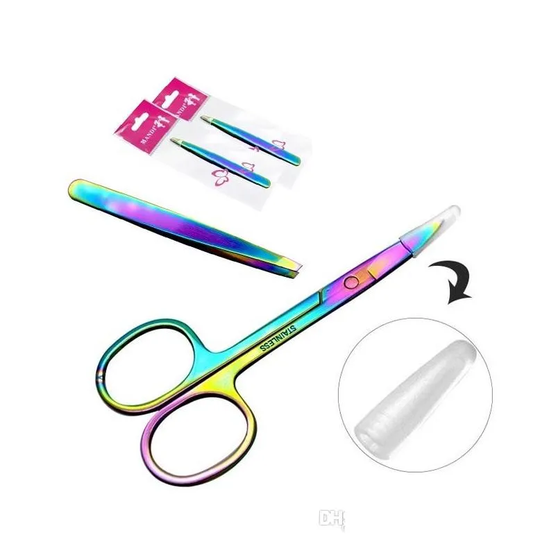 fashion rainbow color stainless steel eyebrow tweezer eyebrow mini scissors clip antistatic face hair remover tool