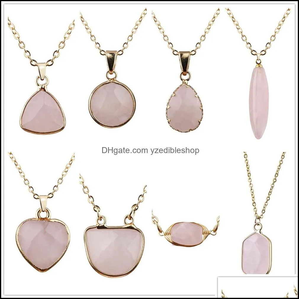 8styles pendant natural stone pink rose quartz heart round bullet shape necklace for women jewelry