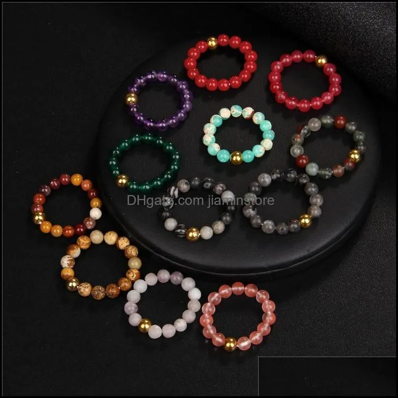 4mm stone beads elastic band ring healing crystal quartz chakra pink red green index finger rings for women men