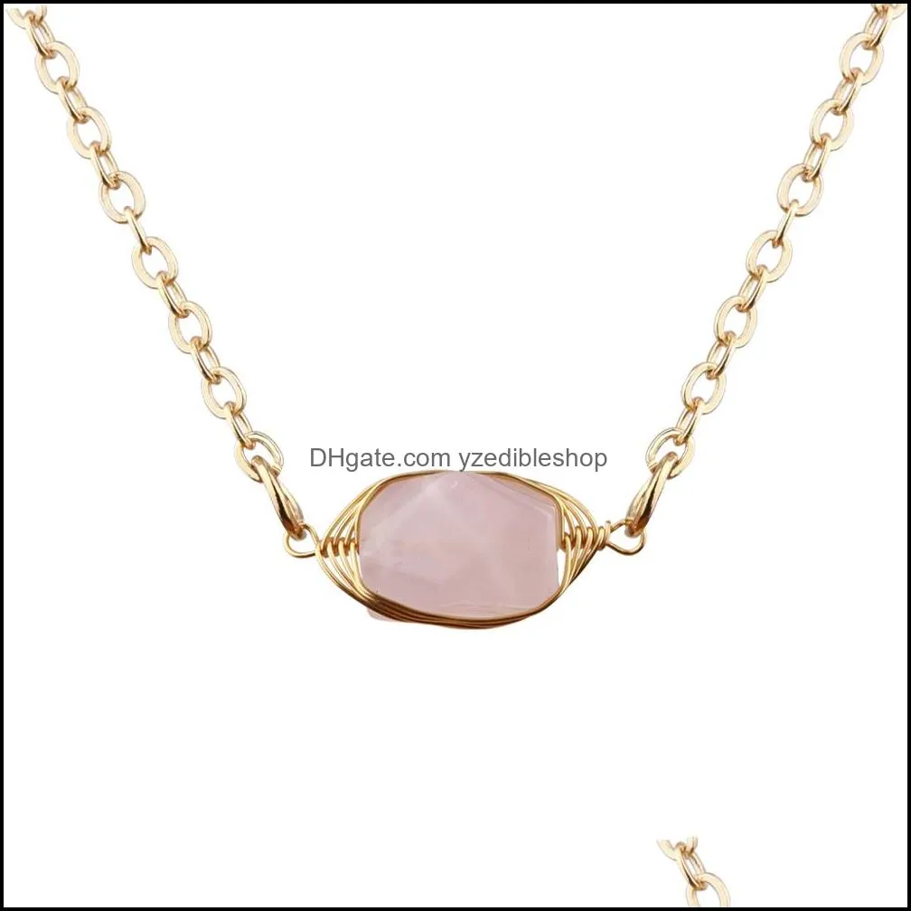 8styles pendant natural stone pink rose quartz heart round bullet shape necklace for women jewelry