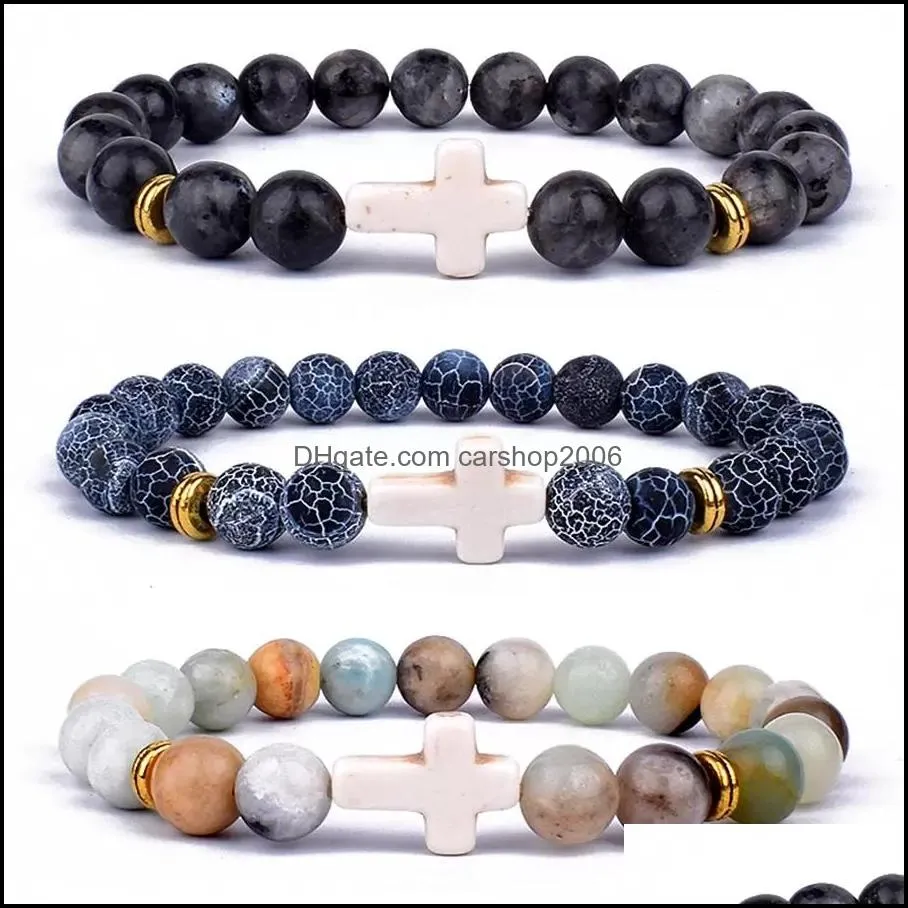 fashion jesus cross charm strands bracelets men nature lava stone 8mm white beads bracelets prayer reiki bangles for women yoga