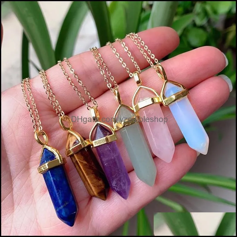 reiki real natural stone necklace chakra pendant hexagonal bullet amethysts pink purple crystal necklace women jewelry