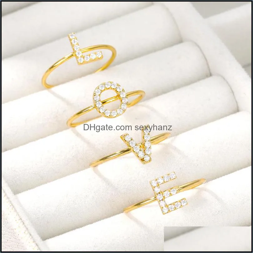 tiny rhinestone initial letter zircon ring gold stainless steel 26 az couple rings for women men fashion adjustable jewelry friendship