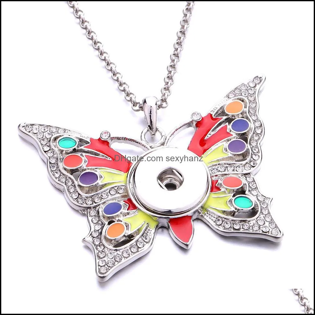 snap button jewelry rhinestone colorful butterfly shape pendant fit 18mm snaps buttons necklace for women men noosa