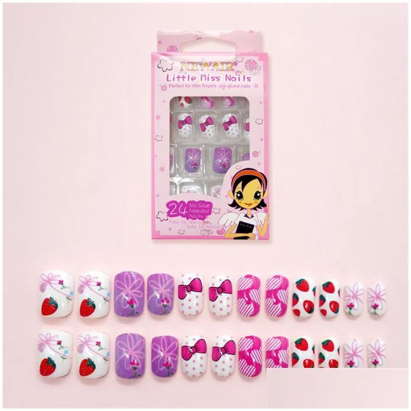 24pcs/set cartoon style kids fake nails detachable full cover press stick on nails decor children gift