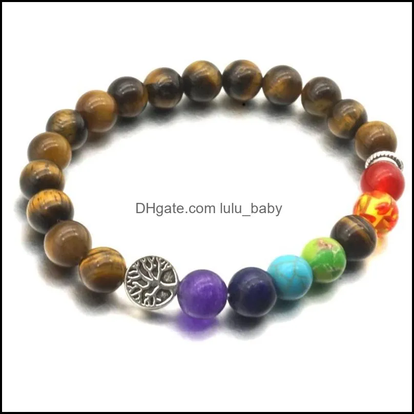 tree of life 8mm seven chakras bracelets tigers eye stone beads elastic bracelet pray beaded hand strings jewelry