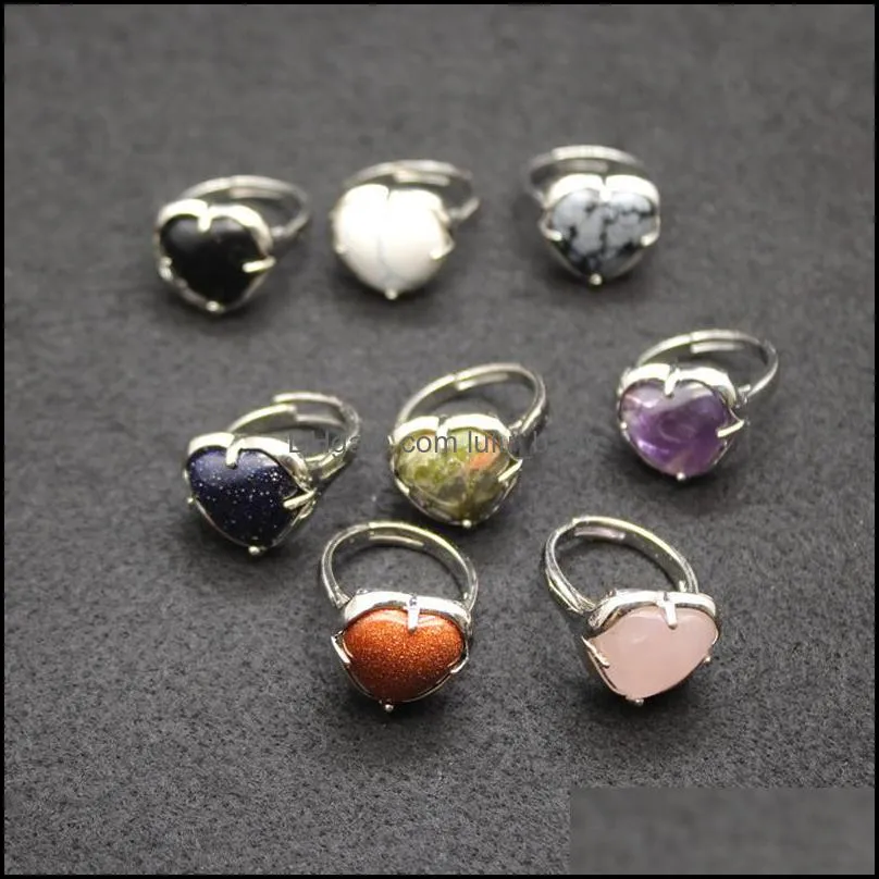 natural stone ring love heart adjustable pink quartz purple rose crystal finger rings for women party