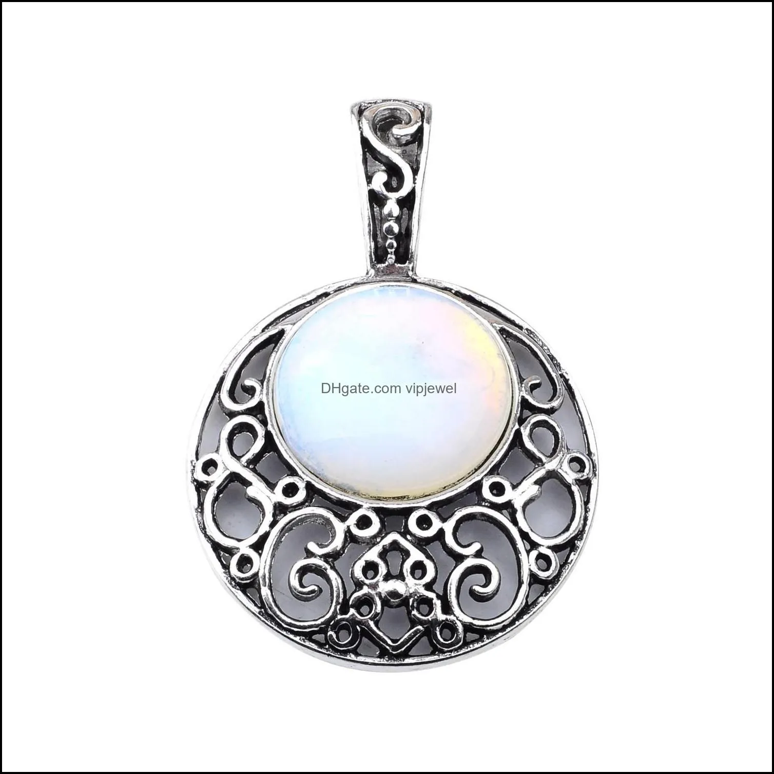 semi precious stone opal opalite pendants 40mm plated silver alloy 20mm cabochon crystal women necklace jewelry 60cm chain