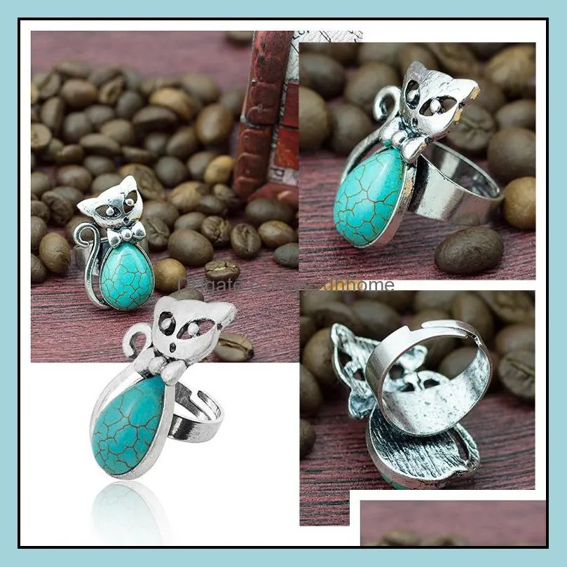 europe and america ring green pine ancient silver retro bow kitten shape turquoise female ring