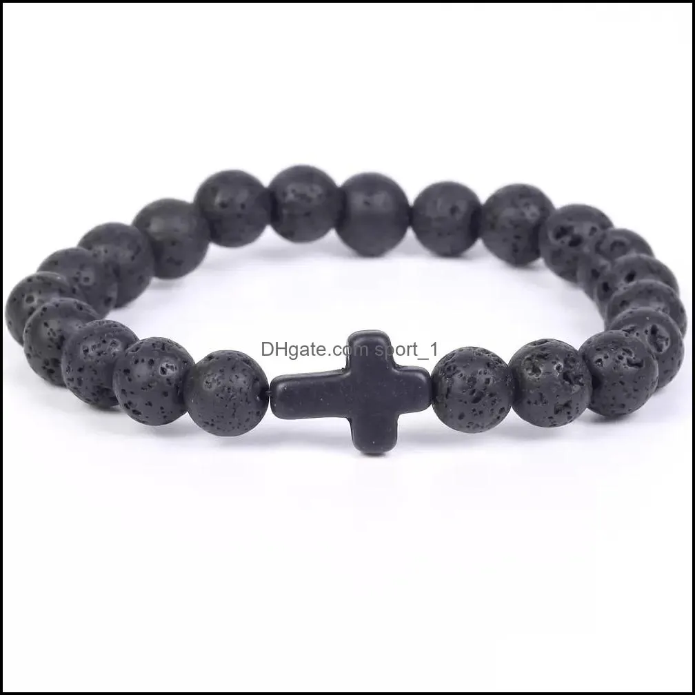 trendy 8mm black lava stone turquoise bead cross strands bracelet essential oil diffuser volcanic beads bracelet for women men jewelry