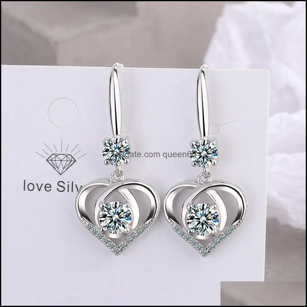 s925 stamp silver plated earrings heart charms blue pink white zircon earring jewelry shiny crystal tassel hoops piercing earrings for women wedding party