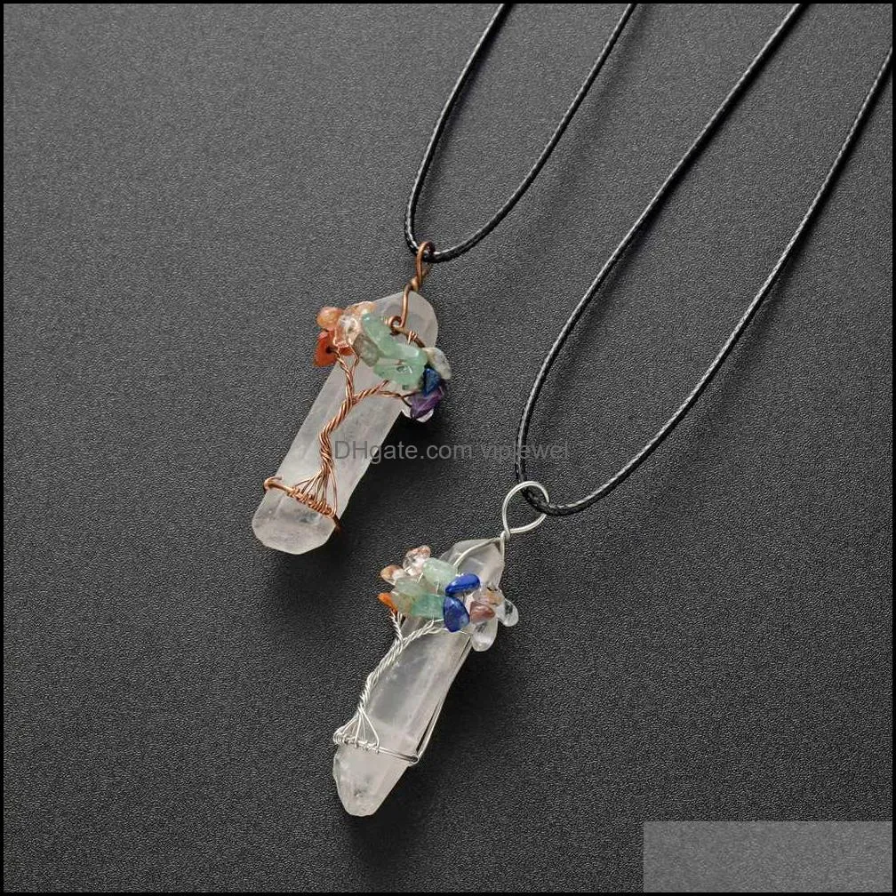 chakra gemstone tree of life pendant wire wrapped natural clear quartz healing crystal point necklace mothers day gift