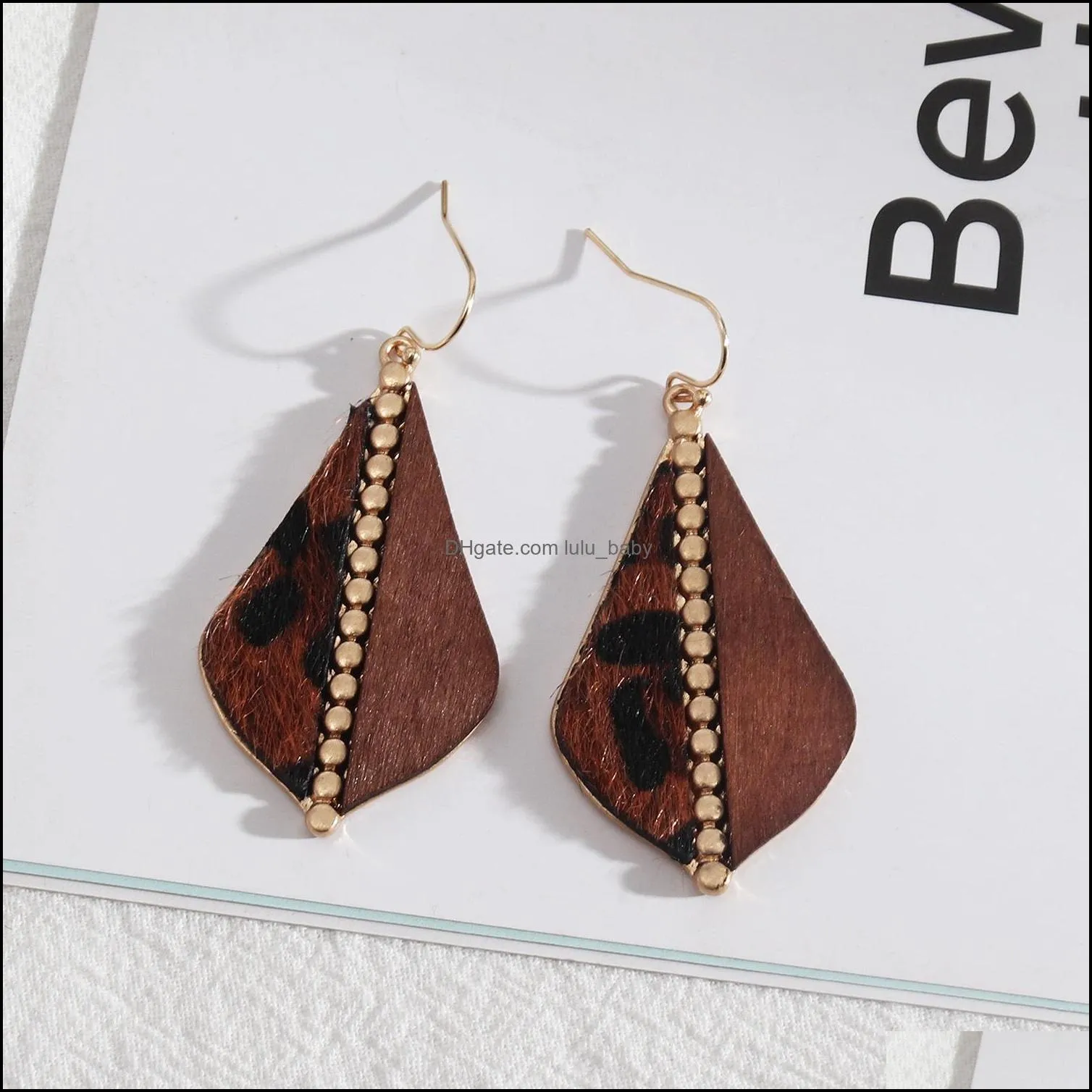 teardrop frame inspired splicing woood leopard print pu leather charms earrings geometric women jewelry