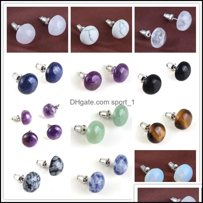 fashion 10mm 12mm round stud natural stone rose quartz tigers eye amethyst studs earrings for women jewelry