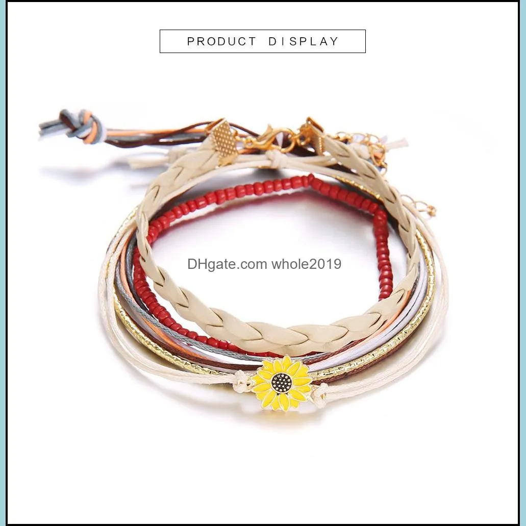 5pcs layered set stackable wrap bohemian daisy leather cord bracelet adjustable bead bracelet female girl