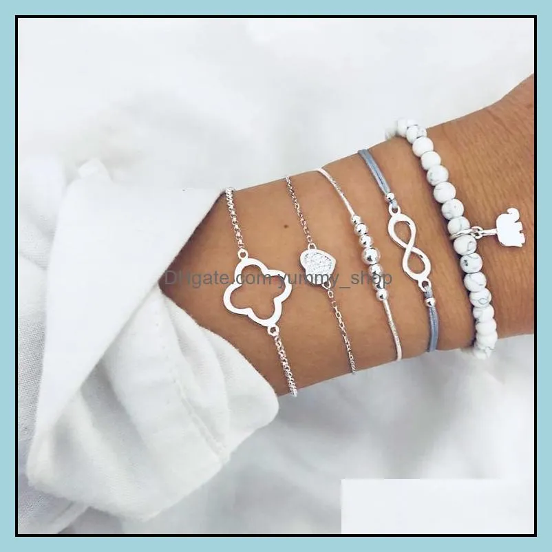 5 pcs layered beaded bracelet set stackable wrap bangle adjustable beads bracelet natural stone link chain for women girls