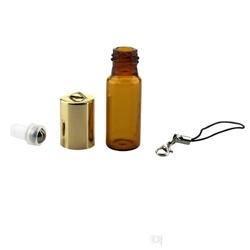 5ml amber empty glass pendant sample perfume bottle with steel roller ball glass vials small promotion essential oil bottle