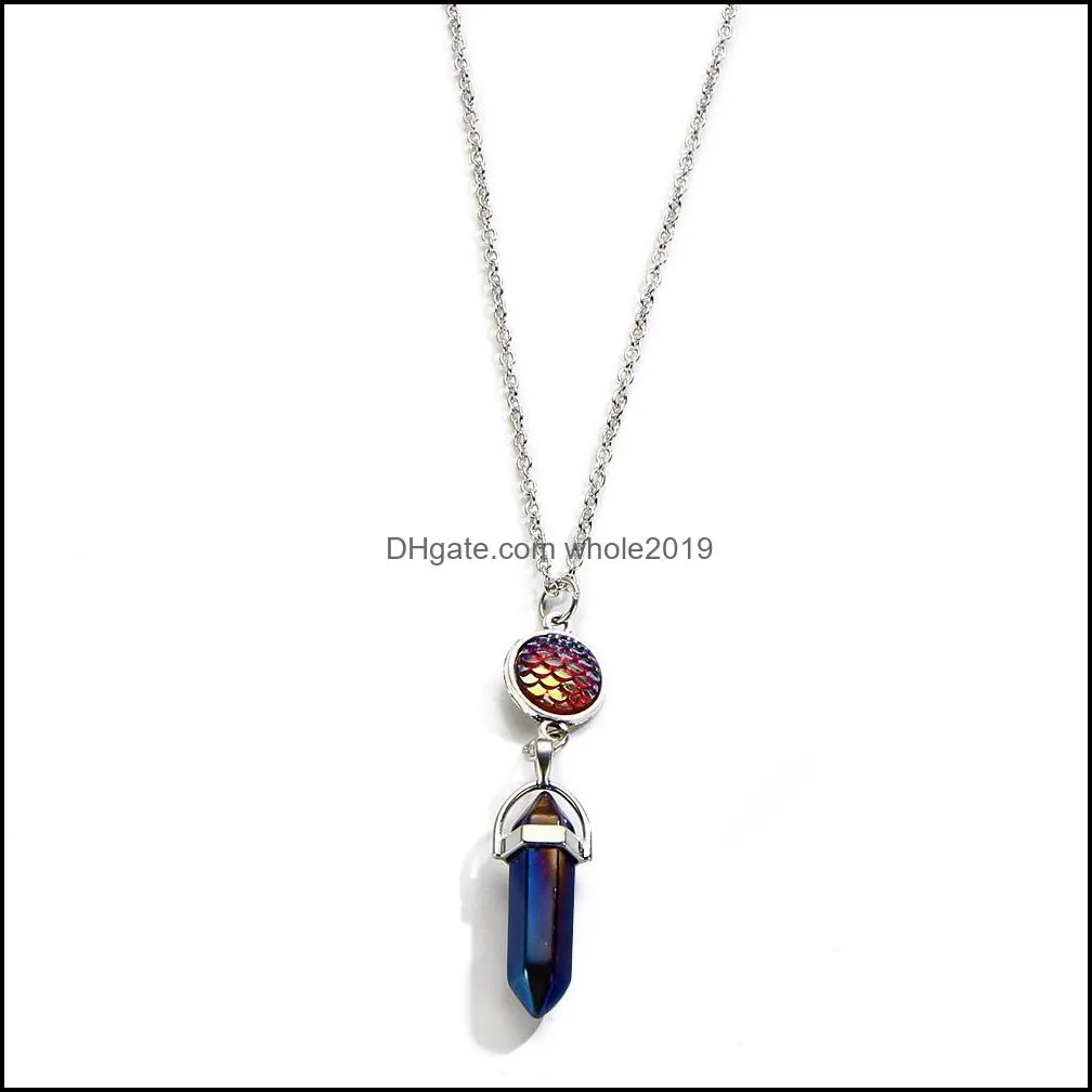 hexagonal column natural stone pendant with fish scale chakra necklace crystal quartz charms silver chain collana colier