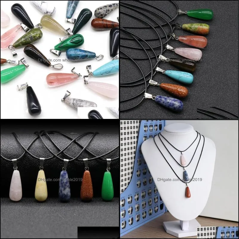 stone crystal quartz opal long teardrop pendant necklace leather chains for men women fashion jewelry