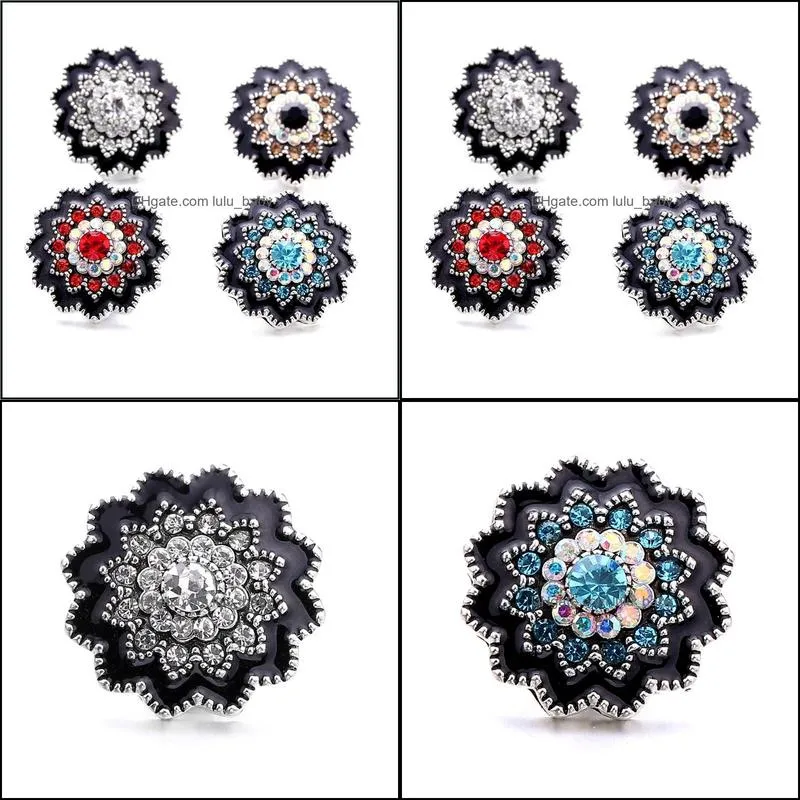 wholesale crystal silver color snap button women black painting charms jewelry findings hollow rhinestone 18mm metal snaps buttons diy bracelet