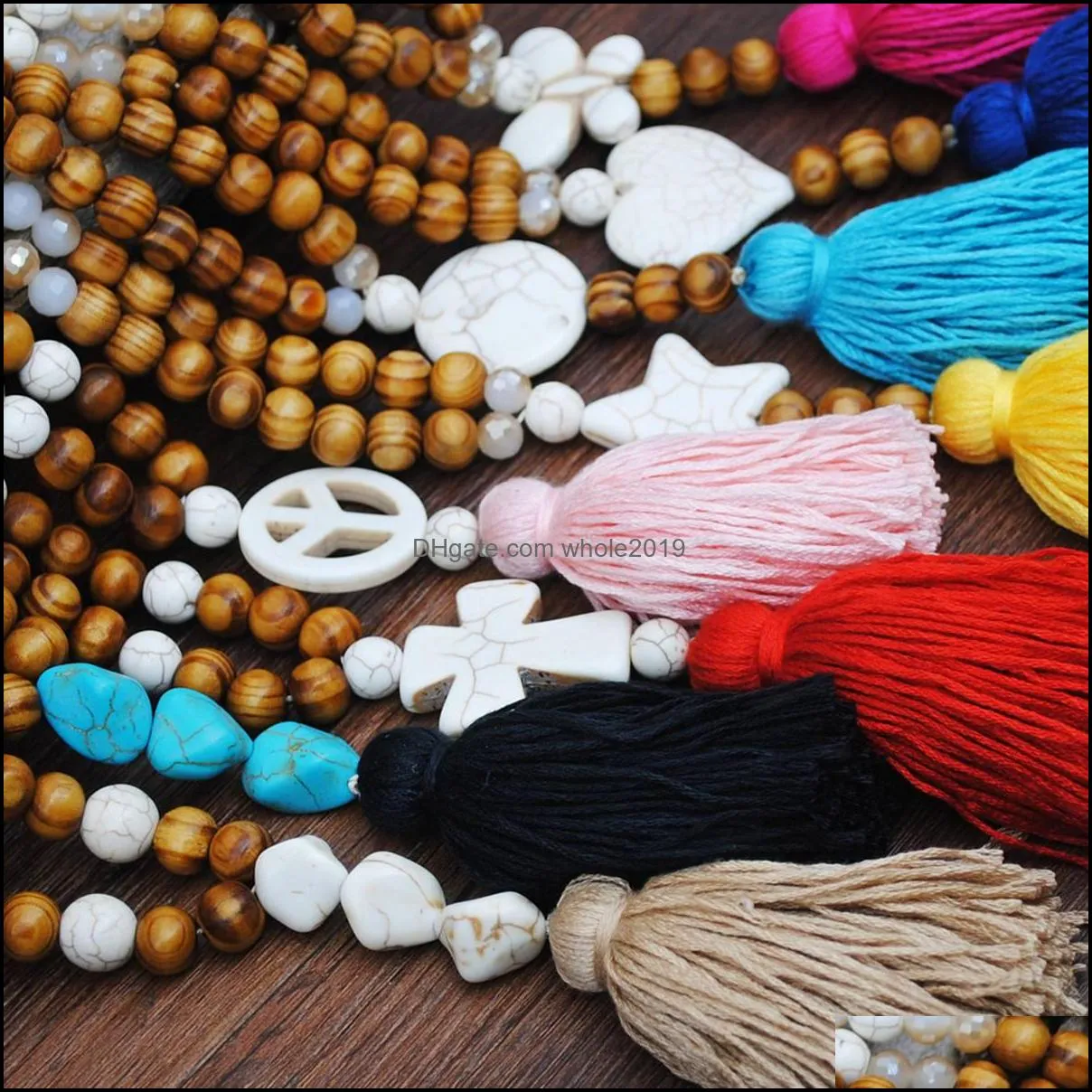 long statement tassel pendant necklace handmade knotted wood beads buddha jewelry for women girl wooden stone necklaces