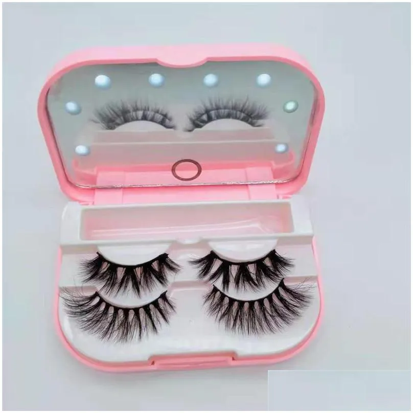 fashion 3 pairs false eyelash led light eyelash box 3d mink false eyelash box with mirror