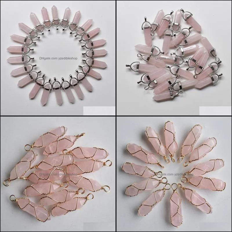 natural stone pink hexagonal pillar charms rose quartz stone chakra handmade silver color pendants for jewelry making wholesale