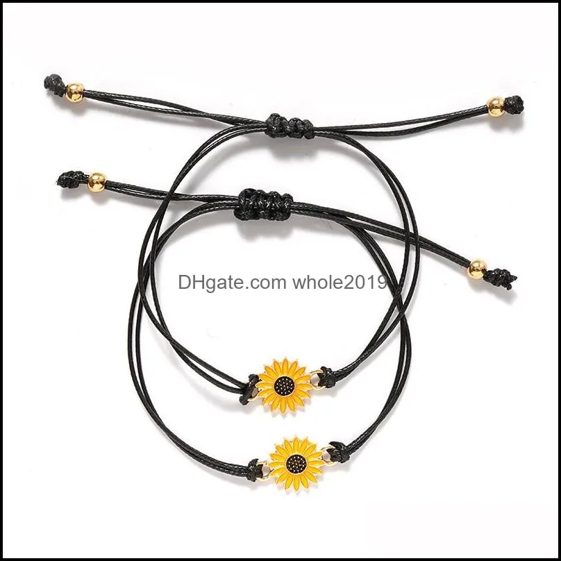 bohemian enamel sunflower charms braided bracelet sister love friendship adjustable rope daisy wristband jewelry card gift