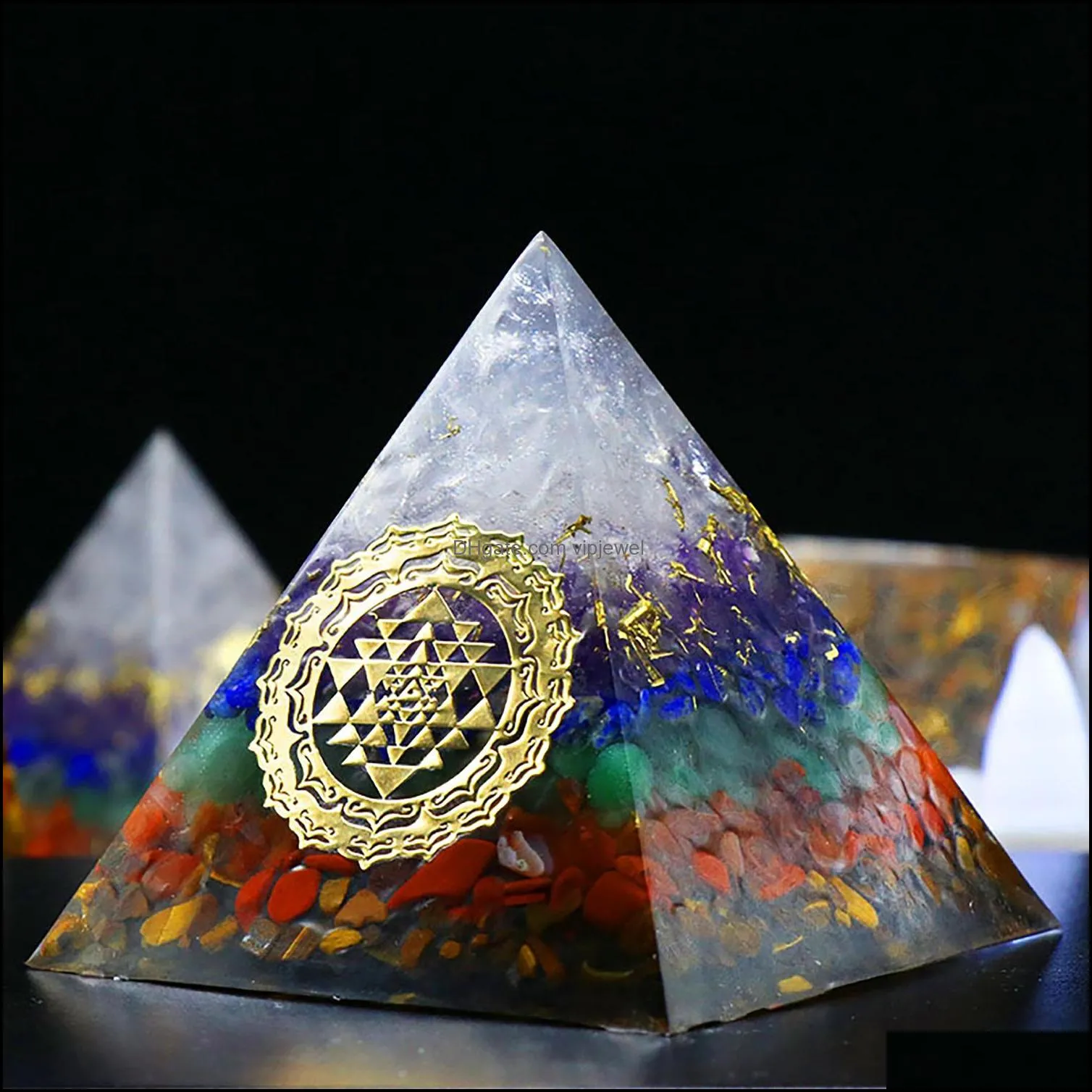 seven chakra organe jewelry pyramid set piece colorful crystal stone resin chips layer flower of life healing