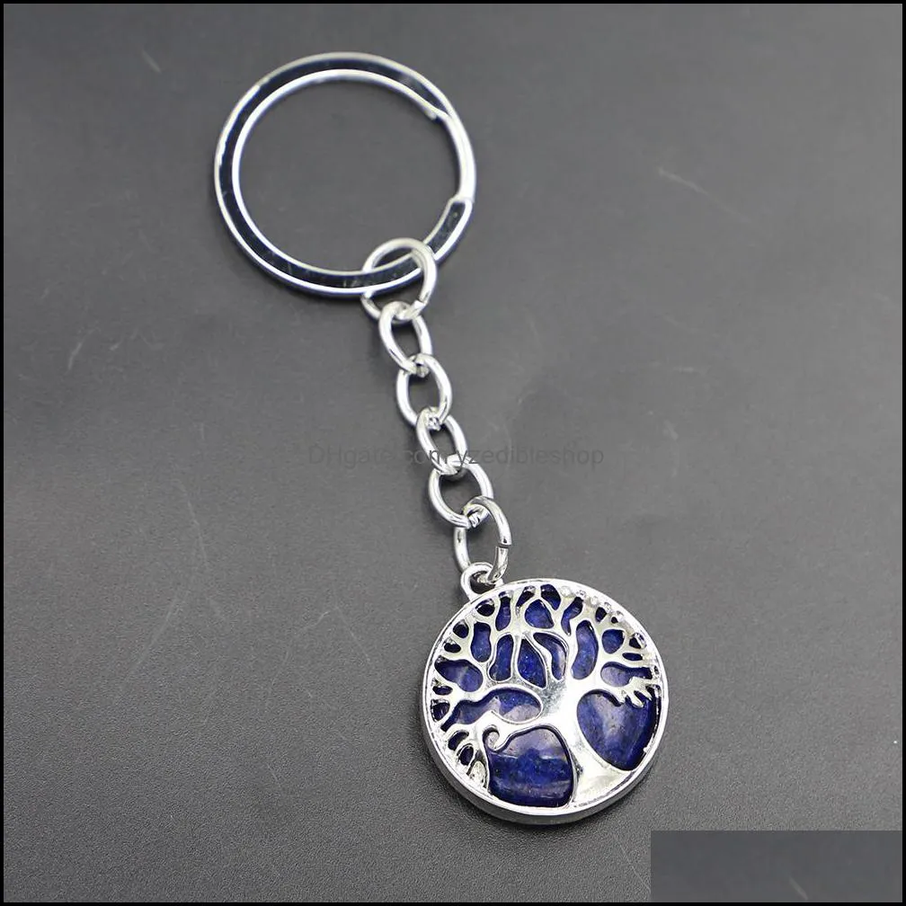 natural stone crystal key rings handbag holder tree of life keychains hexagonal column pendulum amulet real agates tiger eye opal pink quartz key