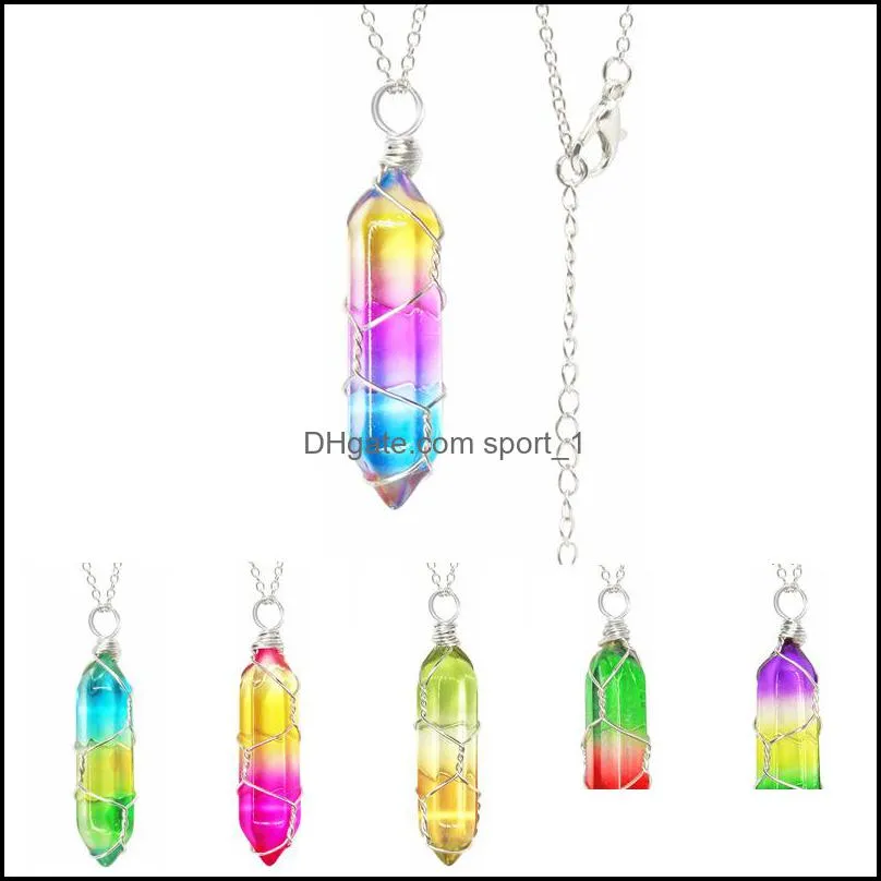 wholesale gradient colored glass crystal hexagon charms pendant necklaces trendy silver golden wire wrap pendants collars for women