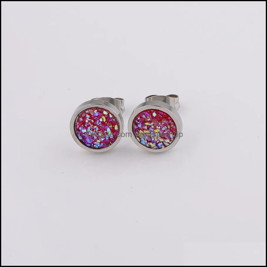 round stainless steel stud 8mm 10mm 12mm resin druzy drusy earrings handmade stud for women jewelry men