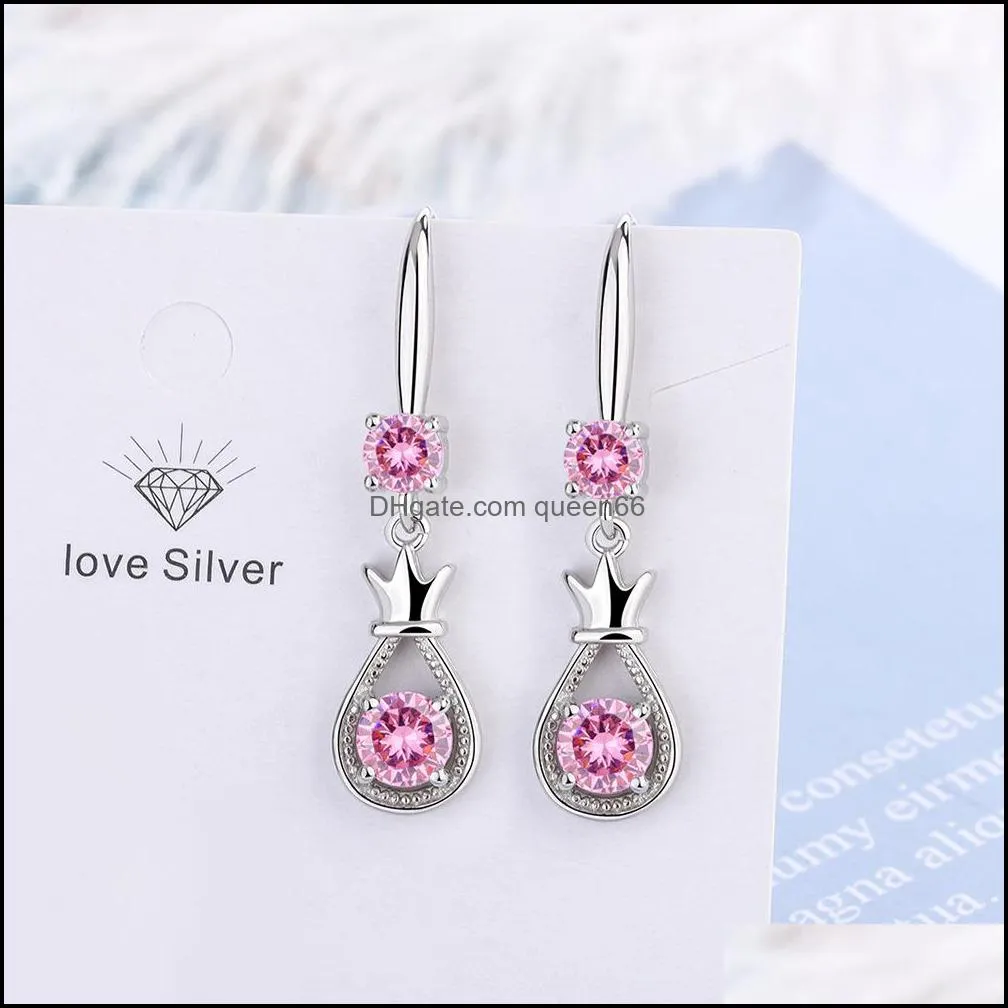 s925 stamp silver plated crystal crown charms pink blue white zircon earrings tassel hook type womens fashion jewelry earrings wedding party