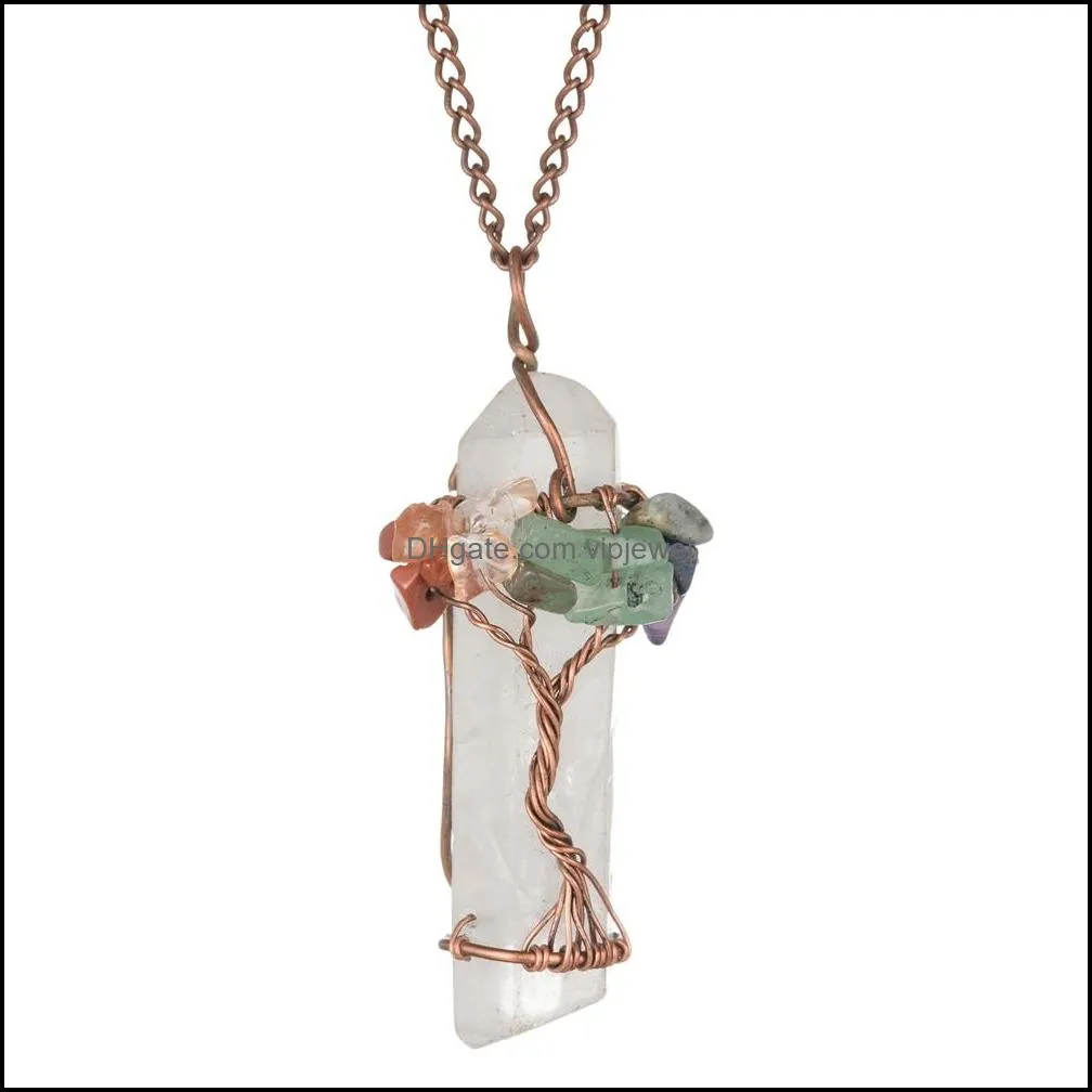 chakra gemstone tree of life pendant wire wrapped natural clear quartz healing crystal point necklace mothers day gift
