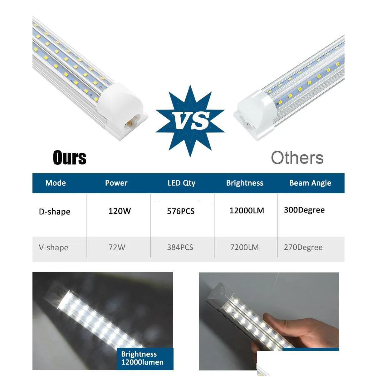 led light bulb 4 5 6 8 ft cool 120w t8 led tube integrate v shape 4ft 8ft fluorescent tube smd2835 100lm/w