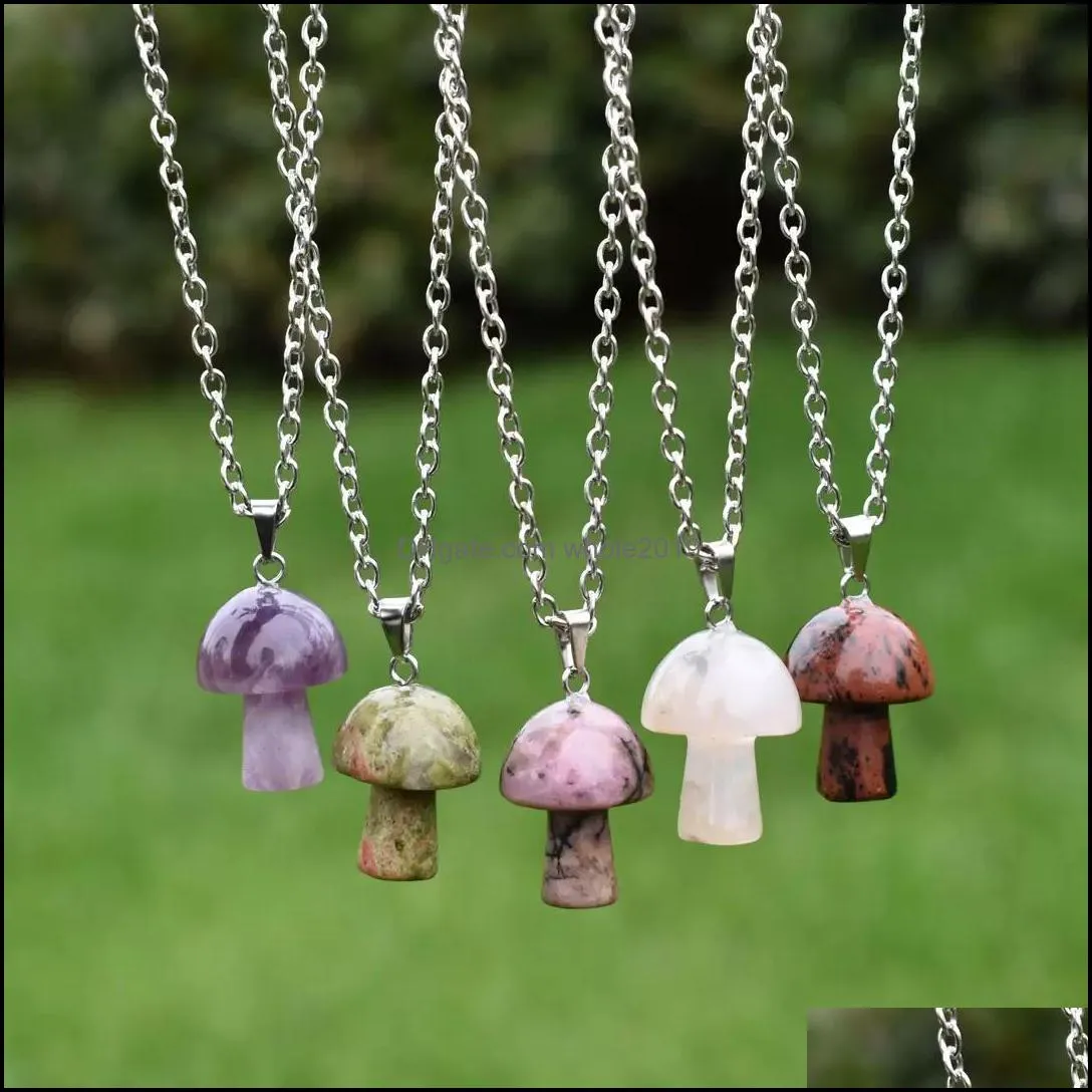 carving mushroom shape stone pendant reiki healing crystal tiger eye rose quartz opal aventurines necklace for women jewelry stainless steel