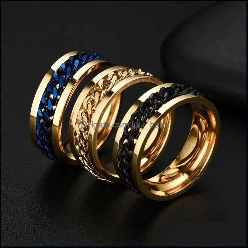 8mm band men stainless steel ring for women rotational link chain pattern style design rings jewelry