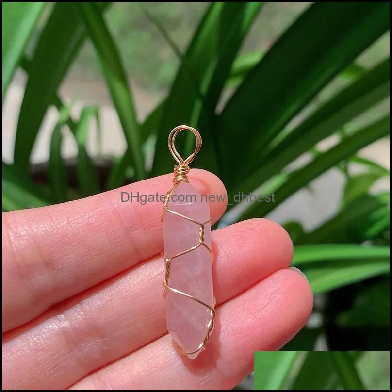 natural crystal stone reiki chakra charms wire wrap multicolor rose quartz purple amethyst bullet point hexagonal pendulum