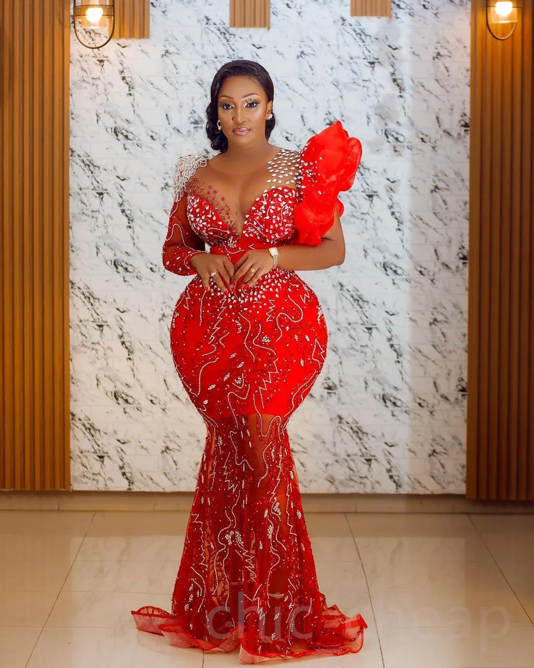 2023 Arabic Aso Ebi Mermaid Red Prom Dresses Crystals Beaded Evening Formal Party Second Reception Birthday Engagement Gowns Dress ZJ777