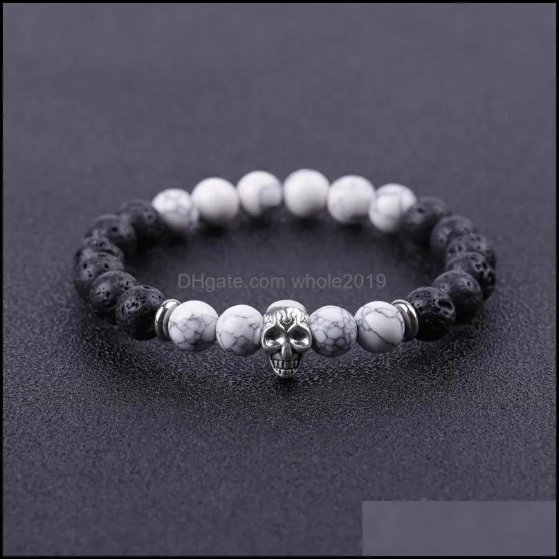 stainless steel black lava stone beads bracelet men skull turquoise punk hiphop handmade bracelets summer women jewelry gift