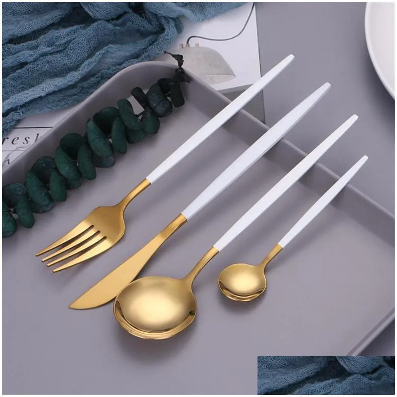 24pcs/set mirror gold cutlery set 18/10 stainless steel dinnerware silverware flatware set dinner knife fork spoon drop 