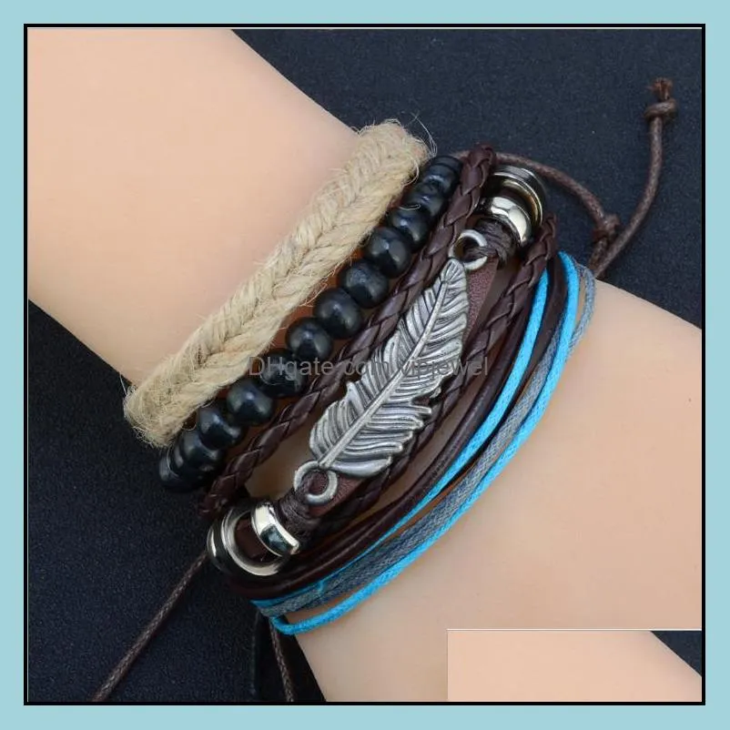 multibundle set bracelet handmade leather handicraft wooden bead weave beaded bracelet men and women gentlemen charm