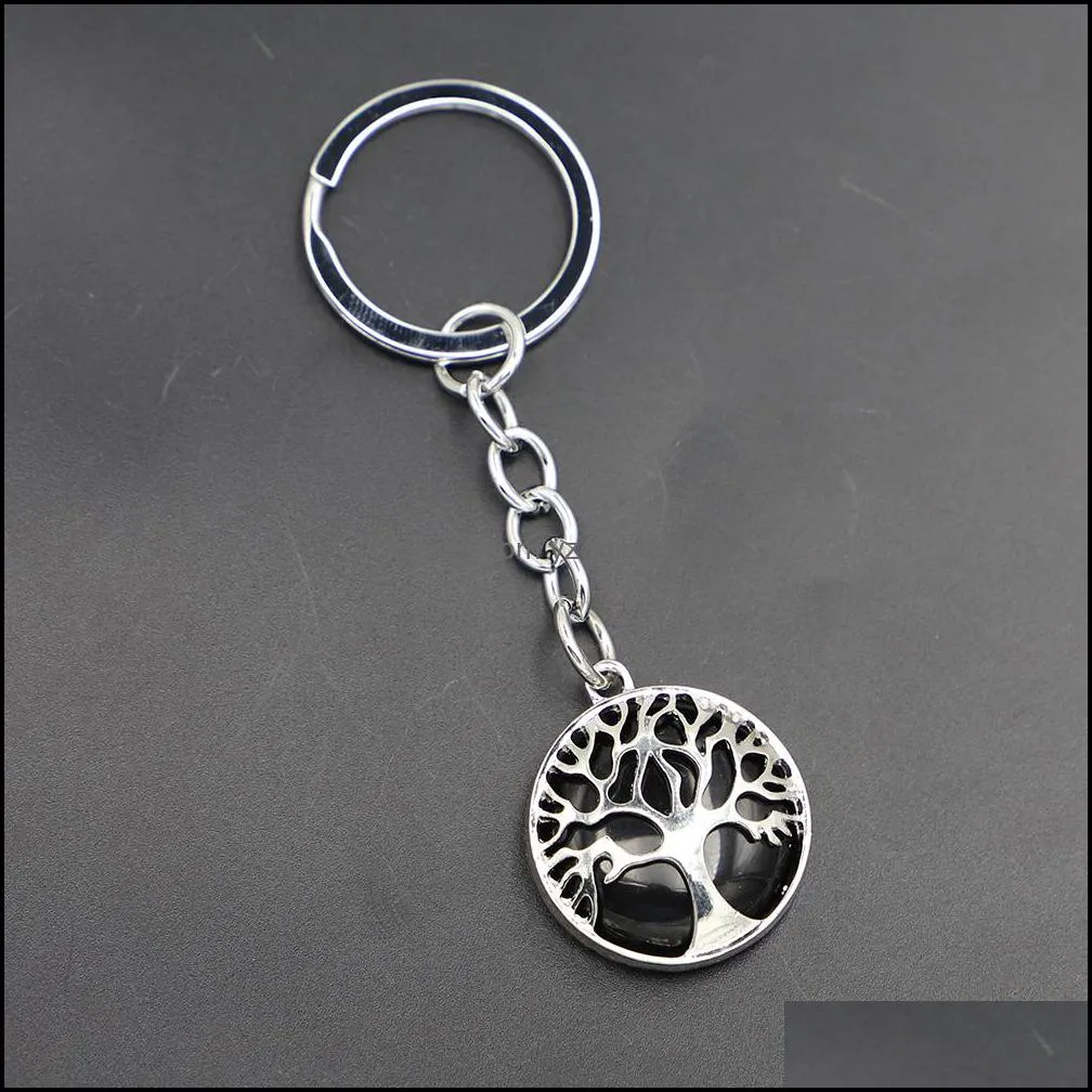 natural stone crystal key rings handbag holder tree of life keychains hexagonal column pendulum amulet real agates tiger eye opal pink quartz key