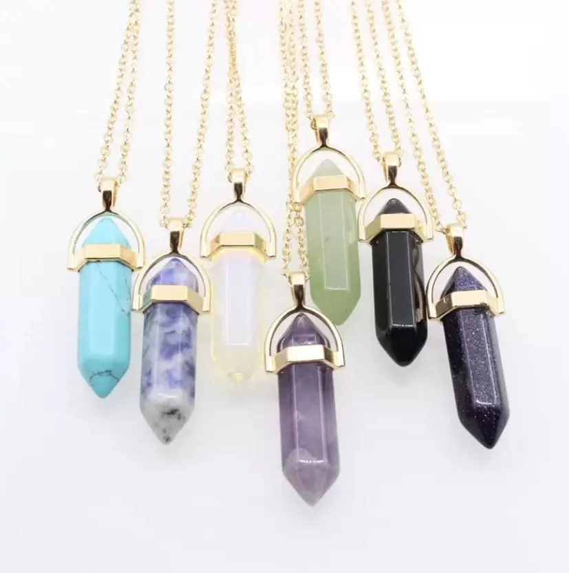 gold plated hexagonal column rose quartz necklace opal pendant fashion natural stone bullet pink crystal pendants necklaces ladies men