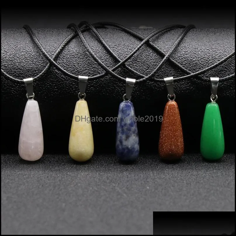 stone crystal quartz opal long teardrop pendant necklace leather chains for men women fashion jewelry