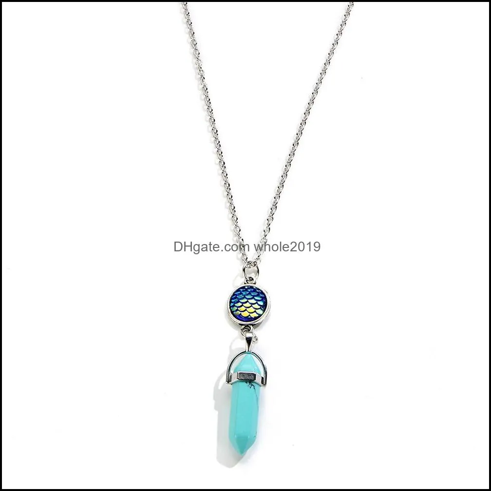hexagonal column natural stone pendant with fish scale chakra necklace crystal quartz charms silver chain collana colier